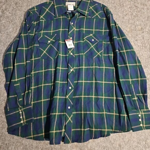 Wrangler Wrancher Shirt Mens Large Blue Plaid Pearl Snap Long Sleeve Western - Picture 1 of 6